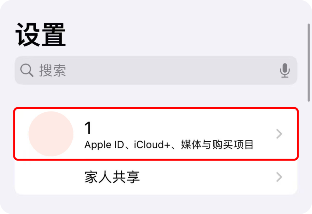 Settings page showing notification for Apple ID, iCloud+, Media & Purchases.